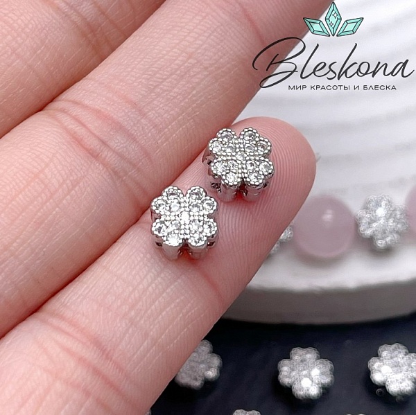 7 мм Цвет серебро, Бусина Клевер цирконы