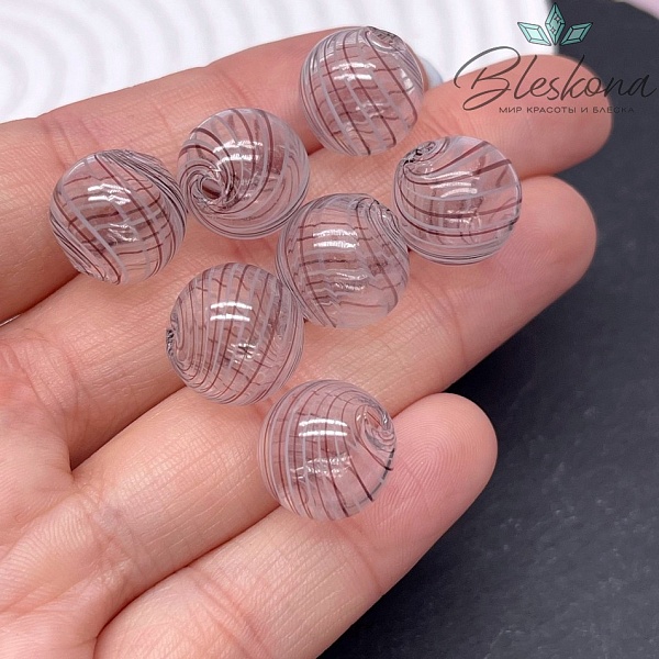 14 мм Бусина шар стекло прозрачное бело- коричневые полосы