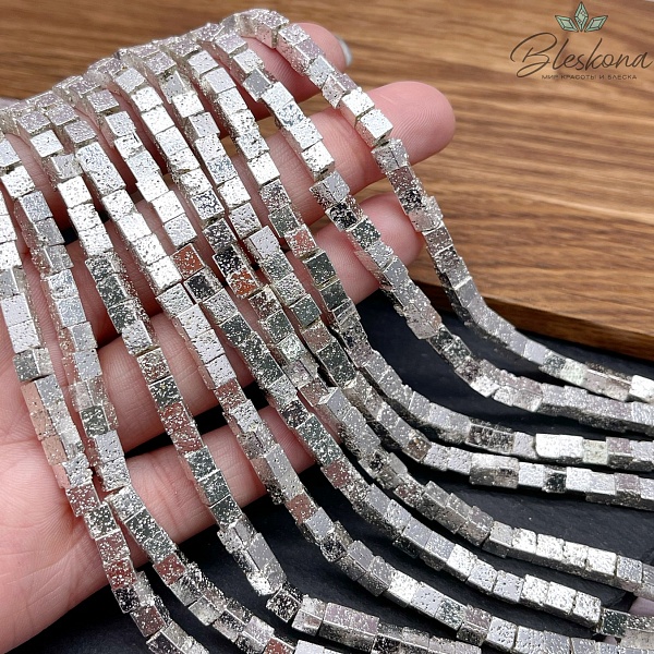 4 мм Гематин имитация, пористый, цвет светлое серебро, куб