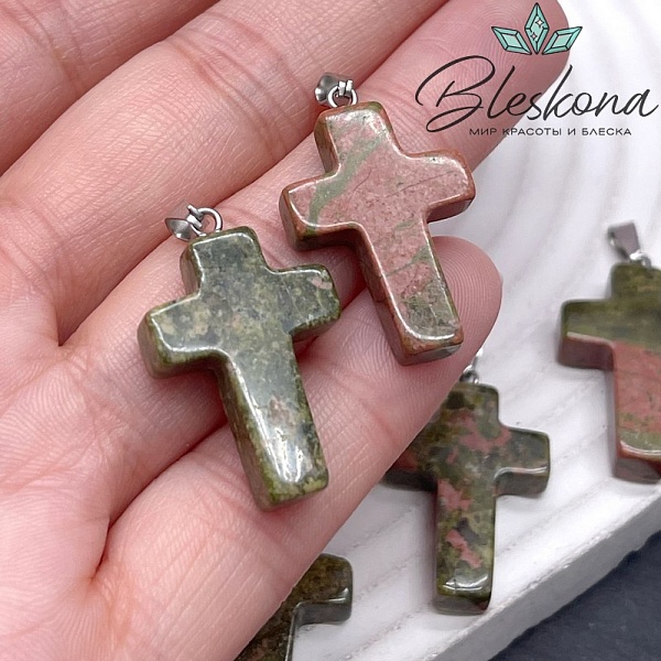 Подвеска крест Унакит, цвет серебро 28*18 мм