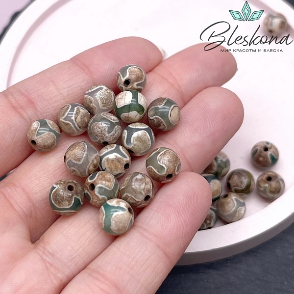 Бусина Дзи Черепаха зелено-коричневый шар 8 мм уп.15 шт.
