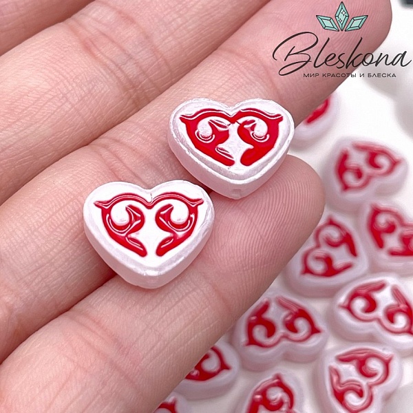12*15 мм Бусина Этно сердце белое красный рисунок
