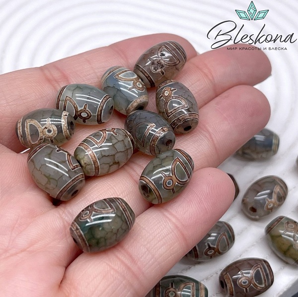 Бусина Дзи Кубера зелено-коричневый бочонок 10*14 мм