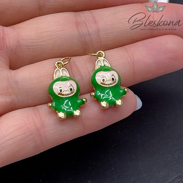 21,7*13 мм Цвет золото, Подвеска игрушка-монстрик Лабубу зеленая эмаль