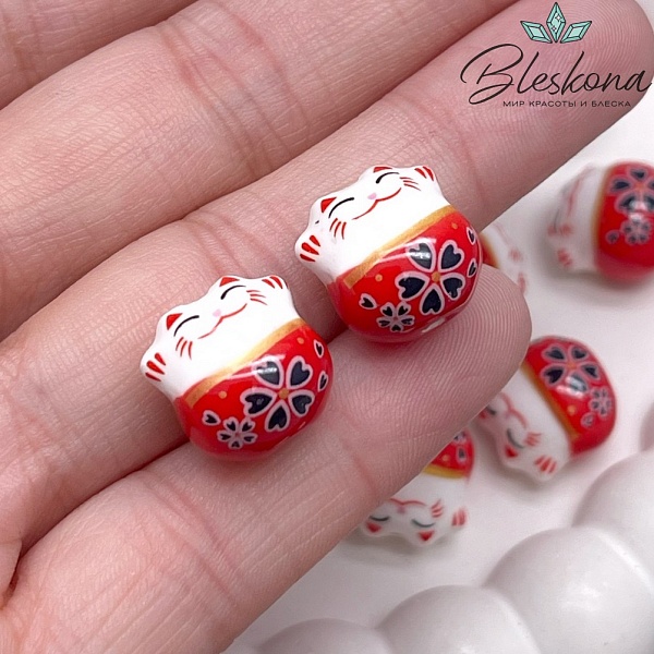 13,5*13 мм Керамика бусина Котик красный