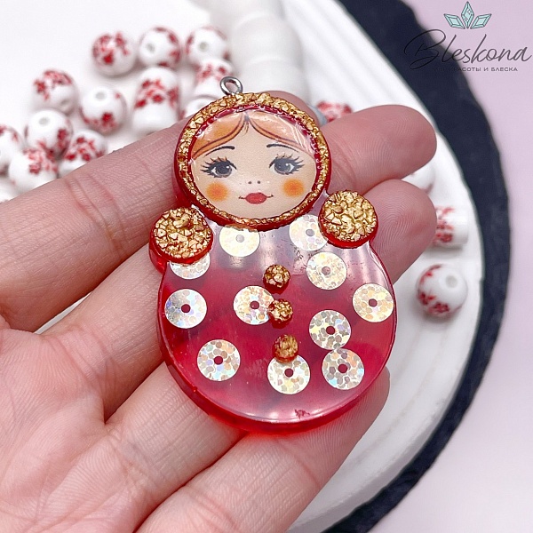 55*35 мм, Цвет серебро, Подвеска Неваляшка красная