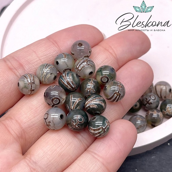 Бусина Дзи Большой Человек (Аристократ) зелено-коричневый шар 8 мм уп.15 шт