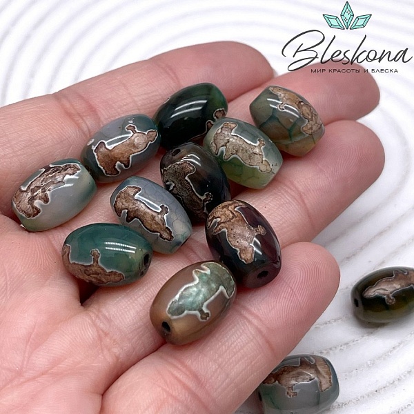 Бусина Дзи Гуань Инь зелено-коричневый бочонок 10*14 мм