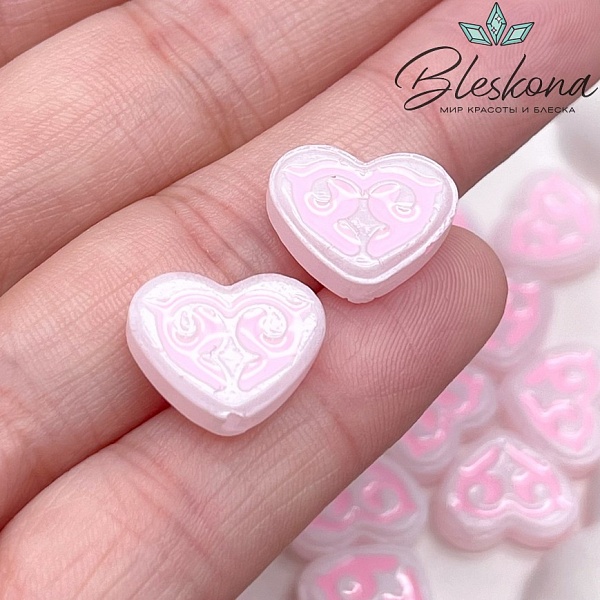 12*15 мм Бусина Этно сердце белое розовый рисунок