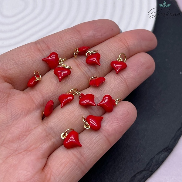 10*8 мм, цвет золото ,Подвеска Сердце мини красная эмаль 