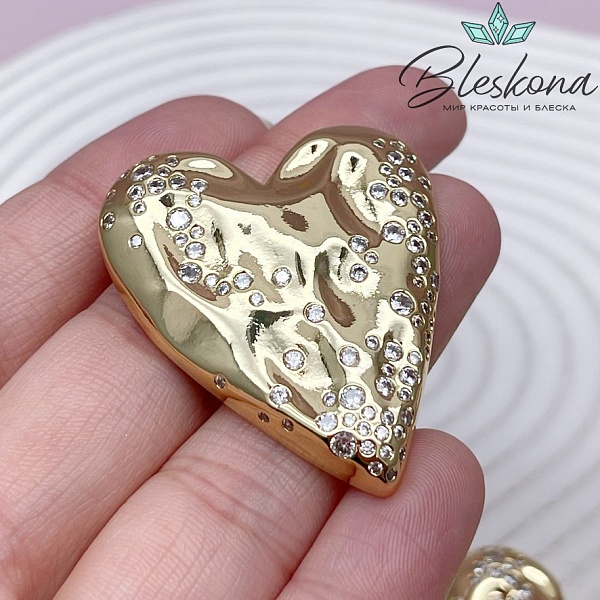 42,5*34 мм Цвет золото, Подвеска Сердце мятое с цирконами