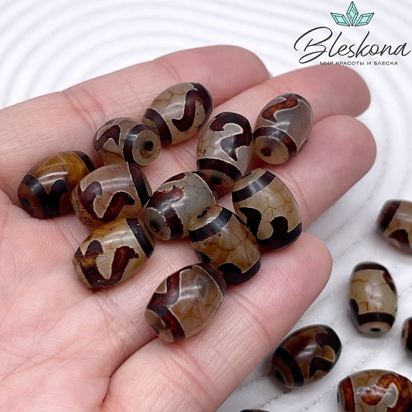 Бусина Дзи Золотой ключ серо-коричневый бочонок 10*14 мм