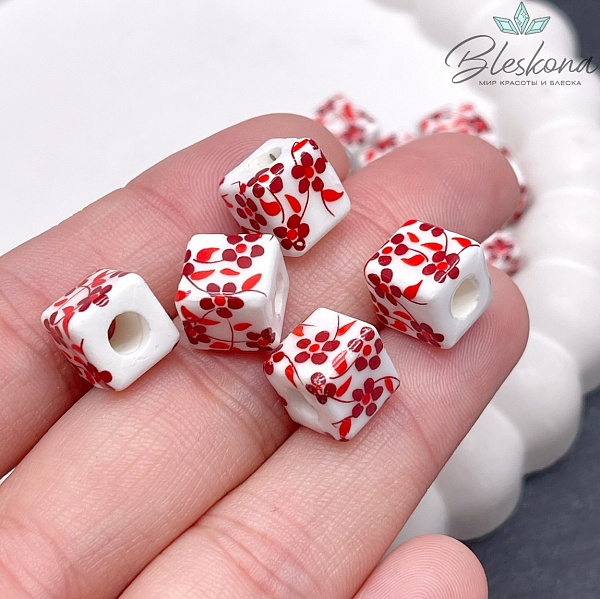 10 мм Керамика Бусина куб роспись гжель №11 (штучно)