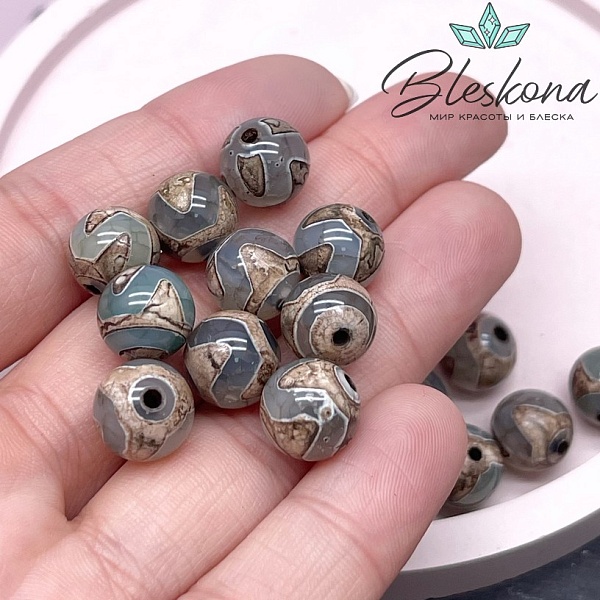 Бусина Дзи Тигриный клык зелено-коричневый шар 10 мм уп.10 шт.