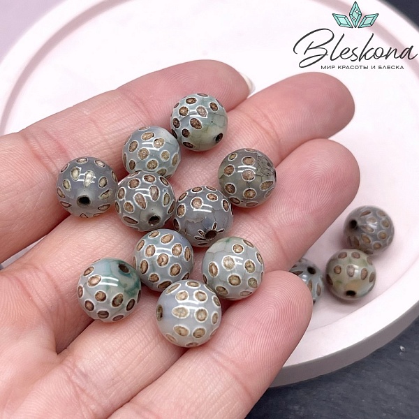 Бусина Дзи точки зелено-коричневый шар 10 мм уп.10 шт.
