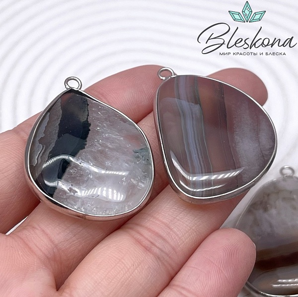 (30-45)*(25-37) мм Цвет серебро, Подвеска фриформ Горный хрусталь с агатом