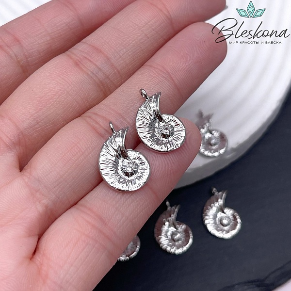 17*11 мм Цвет серебро, Подвеска ракушка улитка циркон 