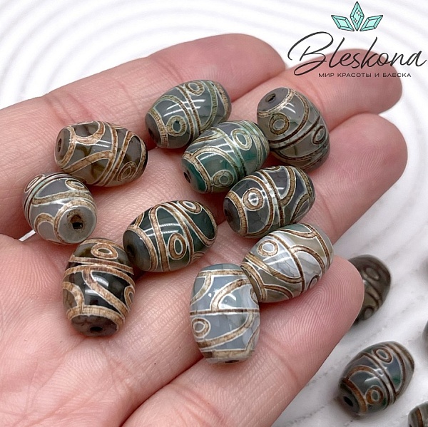 Бусина Дзи 4 глаза зелено-коричневый бочонок 10*14 мм