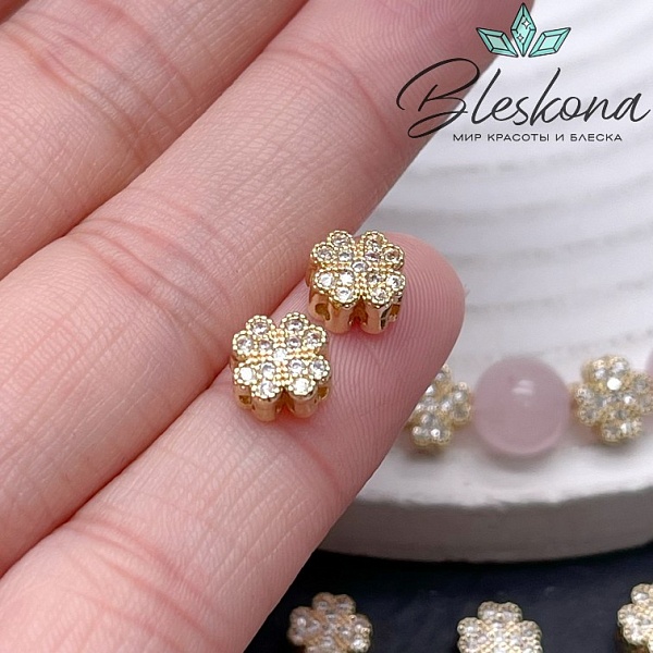 7 мм Цвет золото, Бусина Клевер цирконы