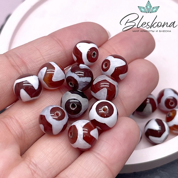 Бусина Дзи Тигриный клык бело-коричневый шар 10 мм уп.10 шт.