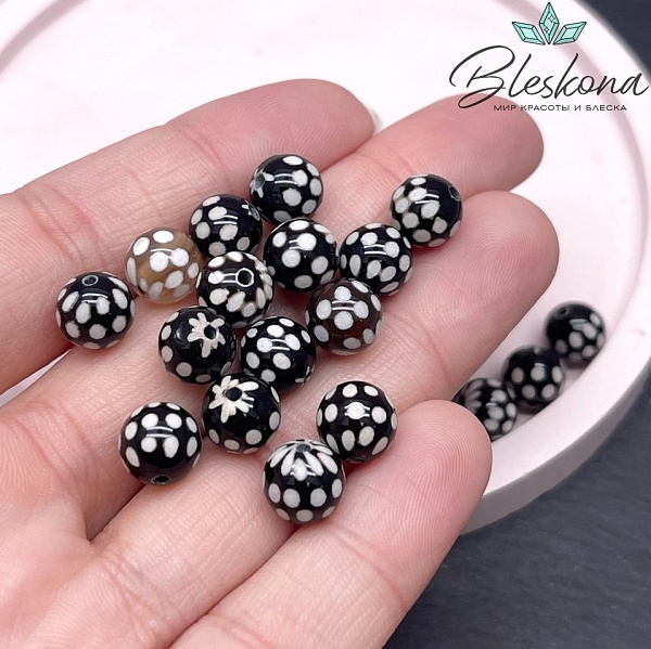 Бусина Дзи точки черно-белый шар 8 мм уп.15 шт.