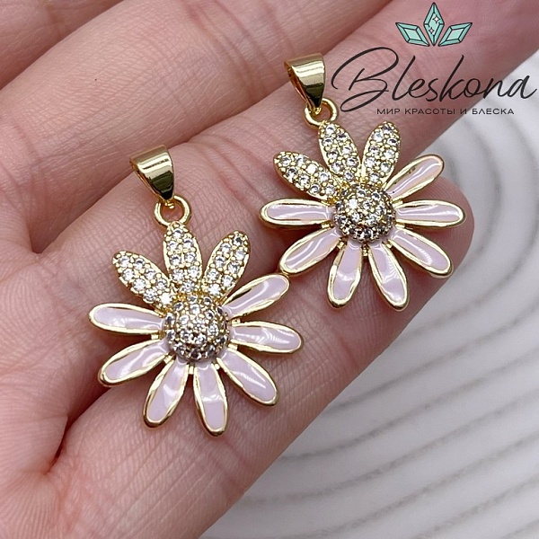 23,5*19 мм Цвет золото, Подвеска ромашка с цирконами, лиловая эмаль