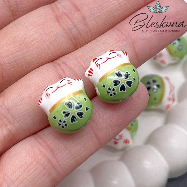 13,5*13 мм Керамика бусина Котик зеленый, отверстие поперек