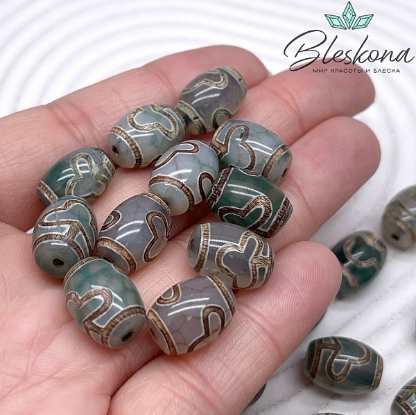 Бусина Дзи Бодха зелено-коричневый бочонок 10*14 мм