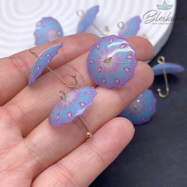 21*21 мм Цвет золото, Подвеска зонтик фиолетово- голубой капли