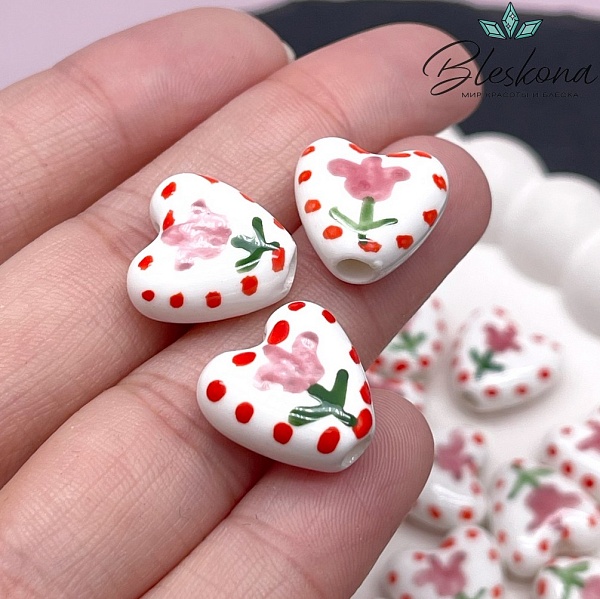 14,5 мм Бусина сердце, керамика цвет белый розовый тюльпан (штучно)