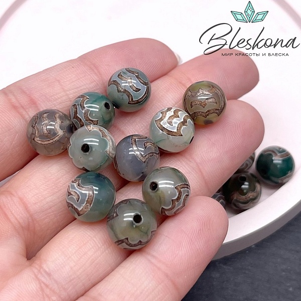 Бусина Дзи Птица Гаруда зелено-коричневый шар 10 мм уп.10 шт.