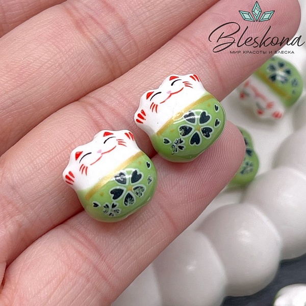 13,5*13 мм Керамика бусина Котик зеленый