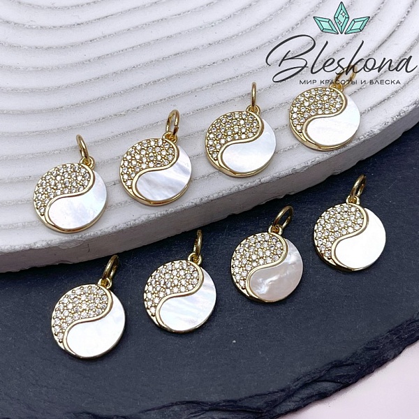 16*13,5 мм Цвет золото, Подвеска Инь-Янь с перламутром и цирконами