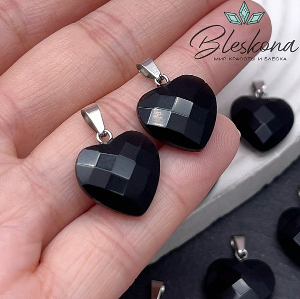 16 мм,Подвеска Сердце Черный Агат с бейлом алмазная огранка