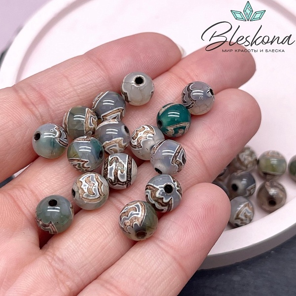 Бусина Дзи Птица Гаруда зелено-коричневый шар 8 мм уп.15 шт.