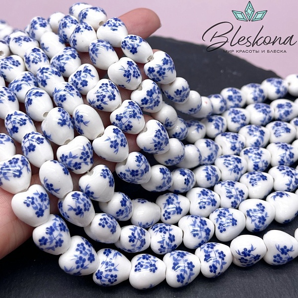 12 мм Керамика Бусина сердце роспись гжель №2 