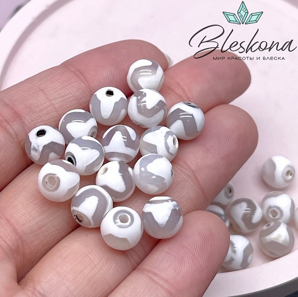 Бусина Дзи Тигриный клык серо-белый шар 8 мм уп.15 шт.