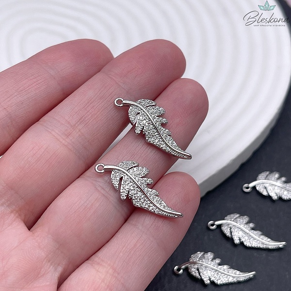 24,5*10 мм, Цвет серебро, Подвеска Лист цирконы