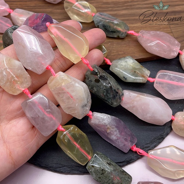 Микс фриформ огранка розовый кварц, аметист, цитрин, пренит (26-40)*(16-21) мм