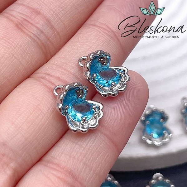 14*10 мм Цвет серебро, Подвеска Ракушка голубым с цирконом 