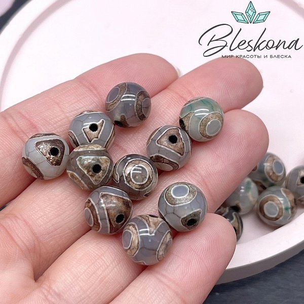 Бусина Дзи 3 глаза зелено-коричневый шар 10 мм уп.10 шт.