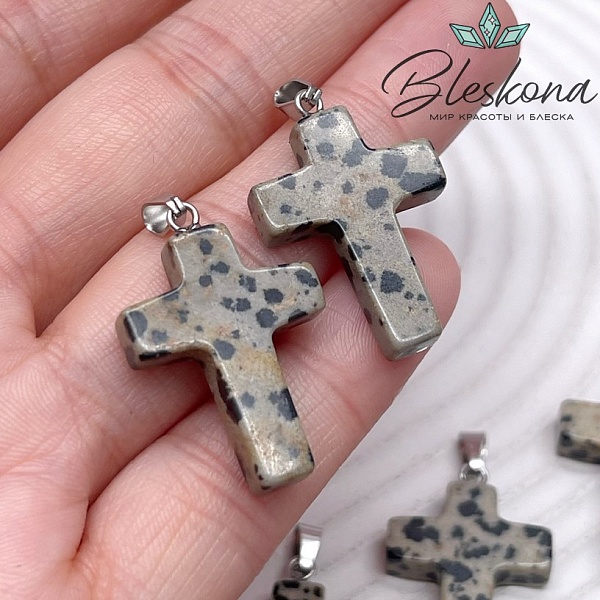 Подвеска крест Яшма далматиновая, цвет серебро 28*18 мм