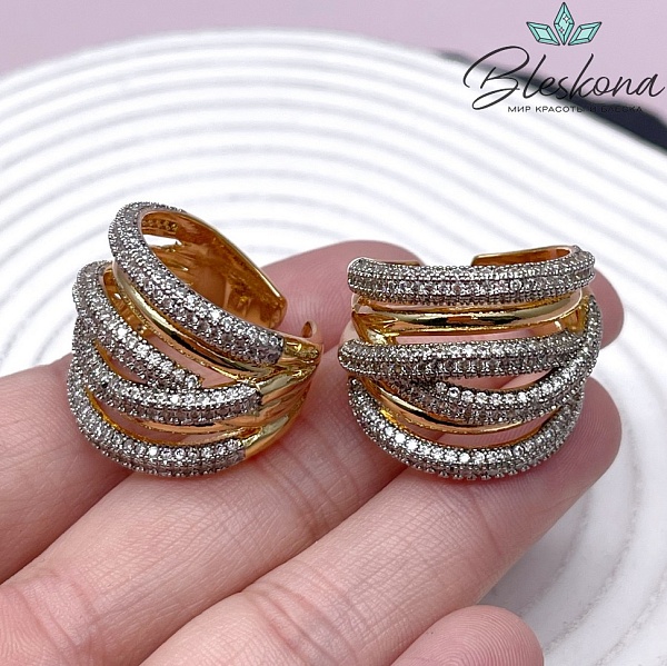 25 мм Цвет биколор, Кольцо безразмерное многослойное с цирконами