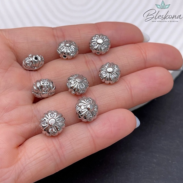 10*7,8 мм Цвет серебро, Бусина цветок цирконы