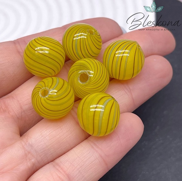 14 мм Бусина шар стекло желтое коричневые полосы