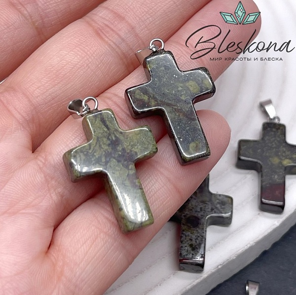 Подвеска крест Яшма Кровь дракона, цвет серебро 28*18 мм