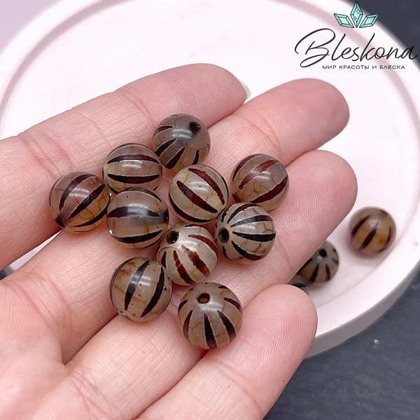 Бусина Дзи полосы серо-коричневый шар 10 мм уп.10 шт.