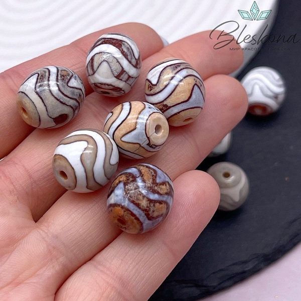 Бусина Дзи Волна серо-коричневый бочонок 14*14 мм