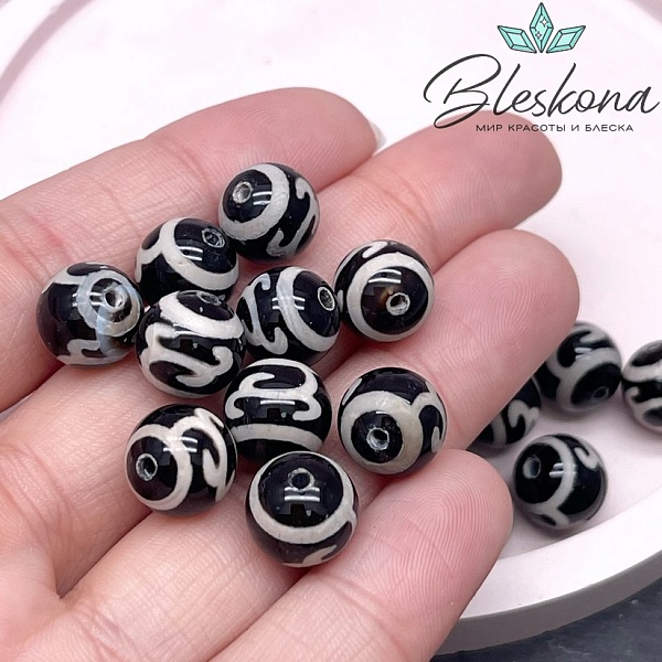Бусина Дзи Зеленая тара черно-белый шар 10 мм уп.10 шт