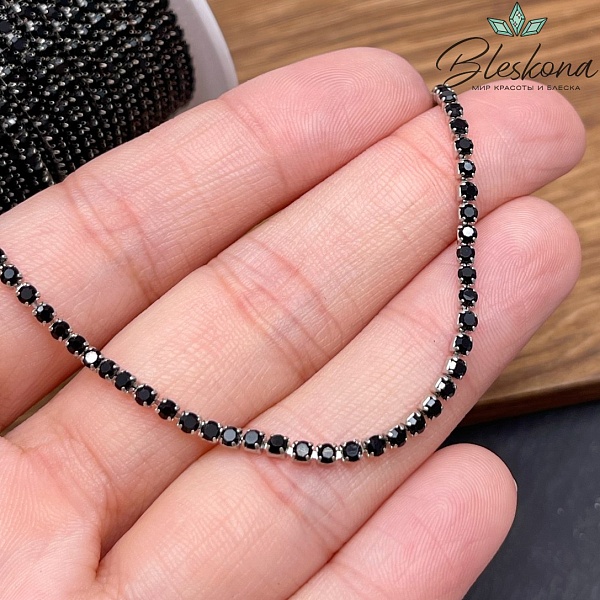 Цепь №311 цвет серебро, стразовая лента черные цирконы 2 мм